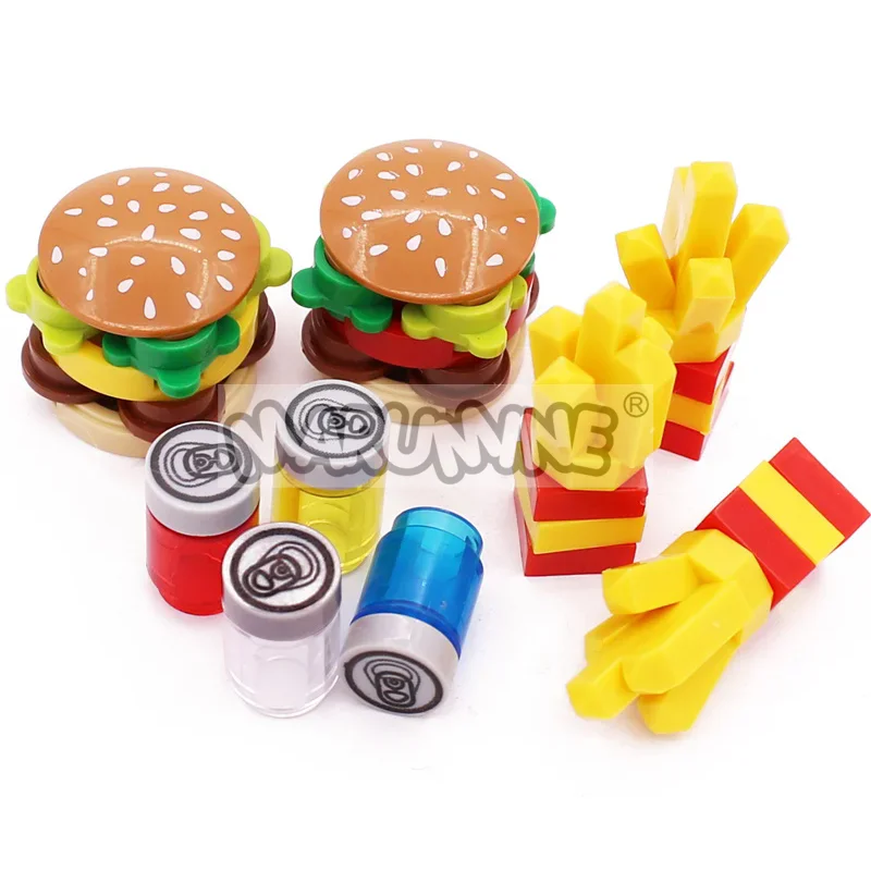 Marumine-Mini bloques de construcción de alimentos, accesorios de cocina, hamburguesa, Pizza, patatas fritas, pastel, galletas de Chocolate, ladrillos MOC, piezas de cesta de juguete