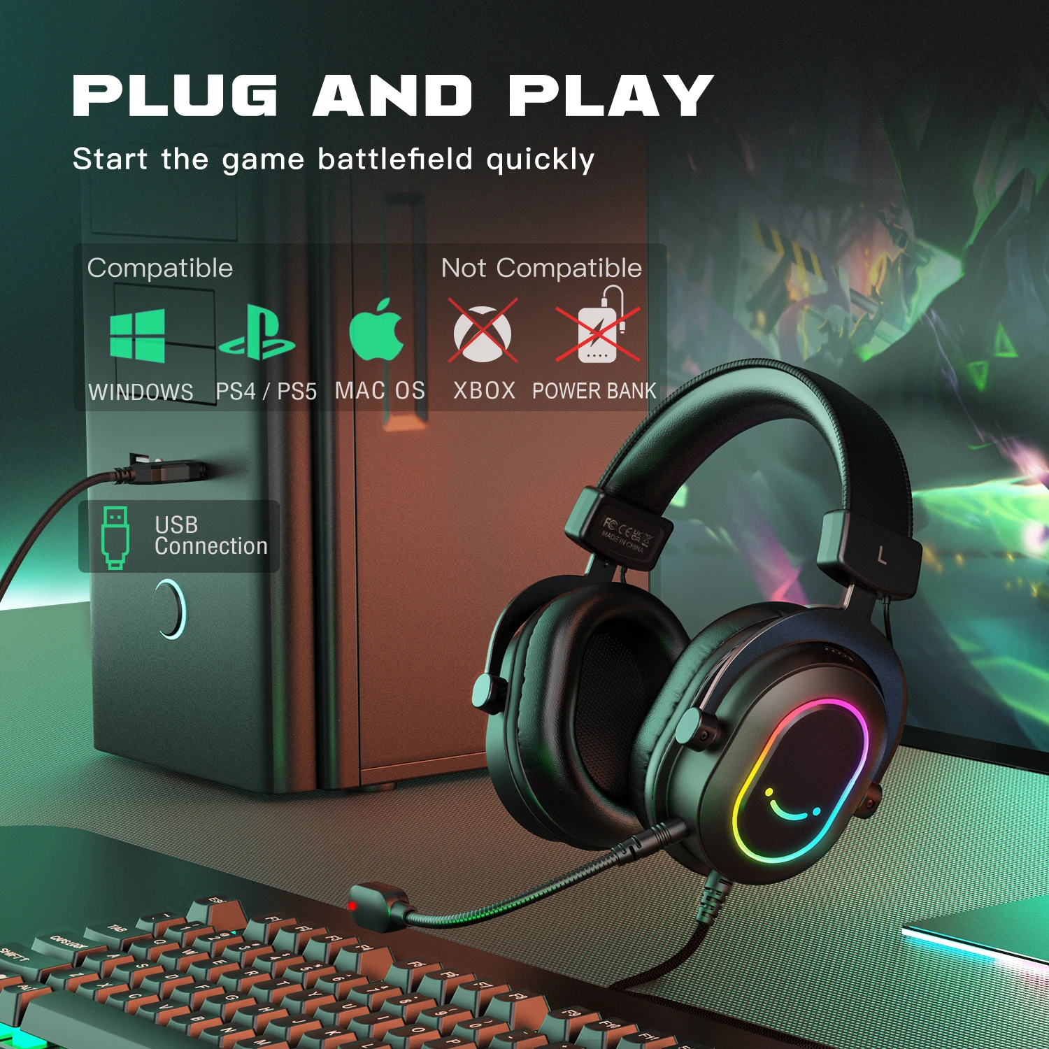 Fifine-auriculares dinámicos RGB para videojuegos, cascos supraaurales con micrófono, sonido envolvente 7,1, PC, PS4, PS5, 3 opciones EQ, juego, película, música