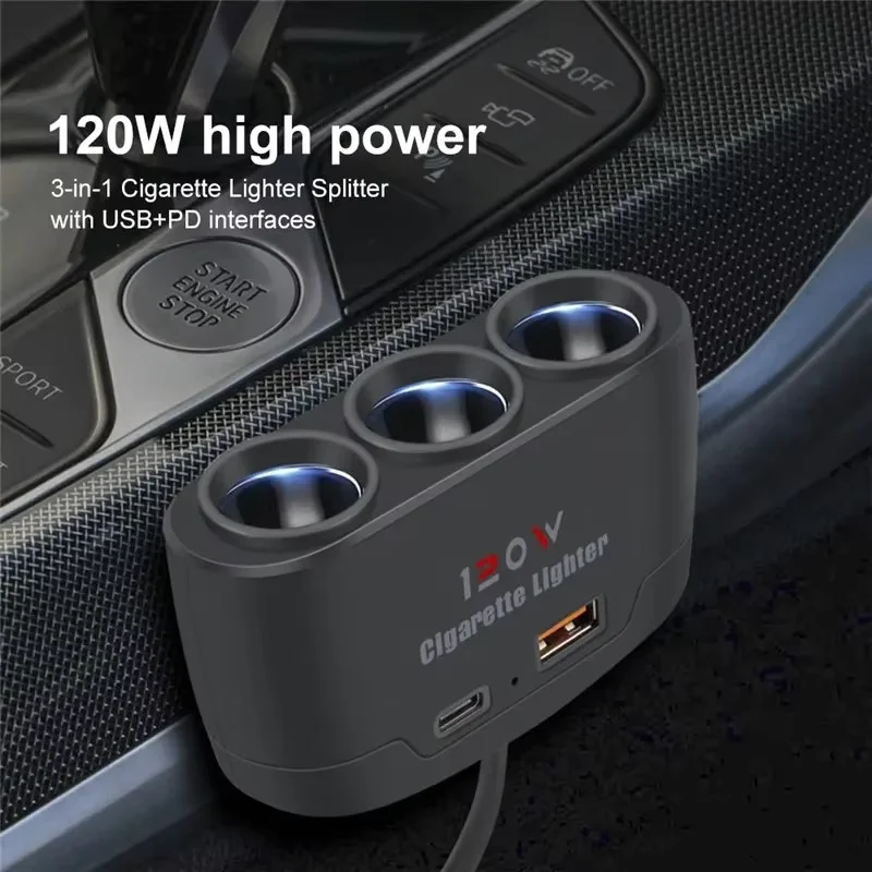 120W USB PD enchufe 3 en 1 divisor de encendedor de cigarrillos de coche 12V 24V enchufe de cargador rápido adaptador de corriente de teléfono para iPhone GPS Dashcam