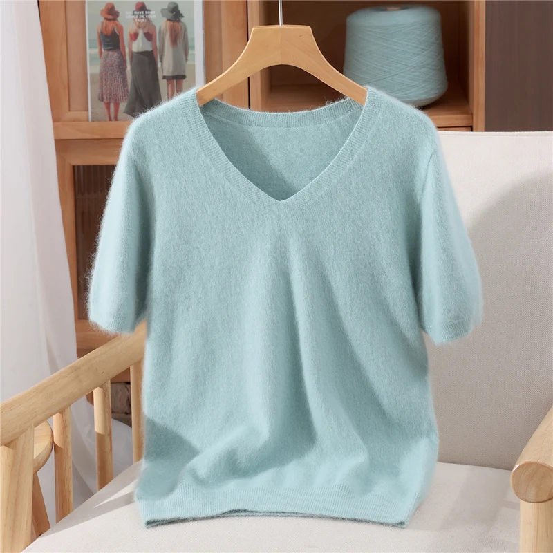 Suéter de punto de Cachemira de visón puro 100% de manga corta para mujer, nueva camiseta con cuello en V, Top informal, camisa básica de Color sólido