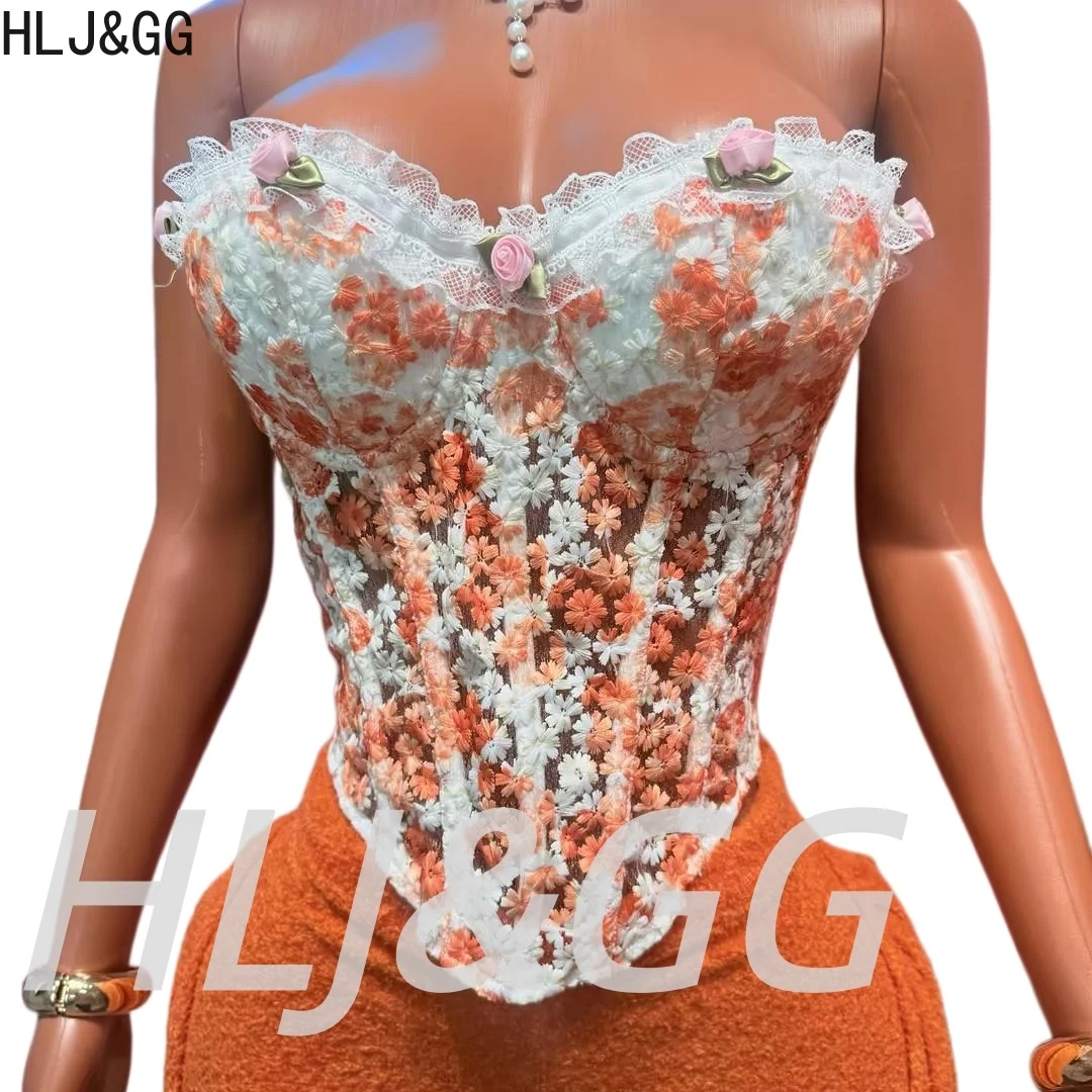 HLJ&GG-Conjunto de dos piezas con corsé bordado de flores y encaje para mujer, Top ajustado con hombros descubiertos y minifaldas con borlas, ropa de calle