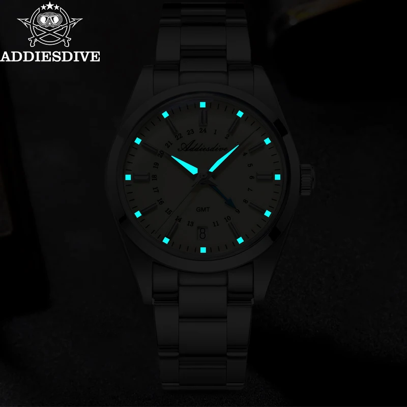 Reloj analógico ADDIESDIVE de 36mm para hombre GMT 515-24H reloj BGW9 luminoso 100m resistente al agua relojes de cuarzo de acero inoxidable para hombre AD2065