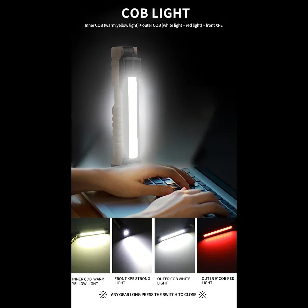 Linterna plegable COB, luz LED de trabajo, gancho colgante, 7 modos, linterna magnética recargable por USB, luz de Flash de trabajo portátil