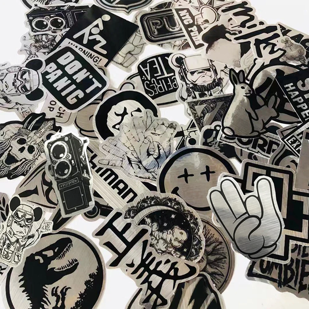 10/30/50/100 Uds. Imitando el logotipo de la marca de Metal pegatinas de banda de Rock Graffiti monopatín equipaje fresco PVC pegatina impermeable juguetes para niños