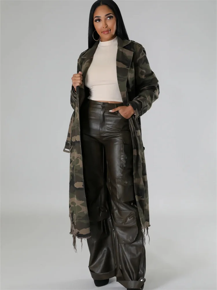 Wmstar-gabardina de camuflaje para mujer, ropa con estampado, abrigo, ropa de calle, Tops cortos rasgados de estilo largo, venta al por mayor, S-2XL