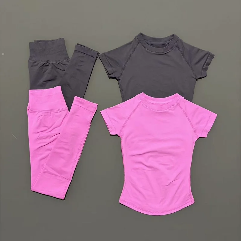 Conjunto Deportivo de 2 Piezas para Mujer, Manga Corta, Cuello Redondo, Transpirable, Leggings Deportivos para Yoga, Ropa Deportiva para Gimnasio