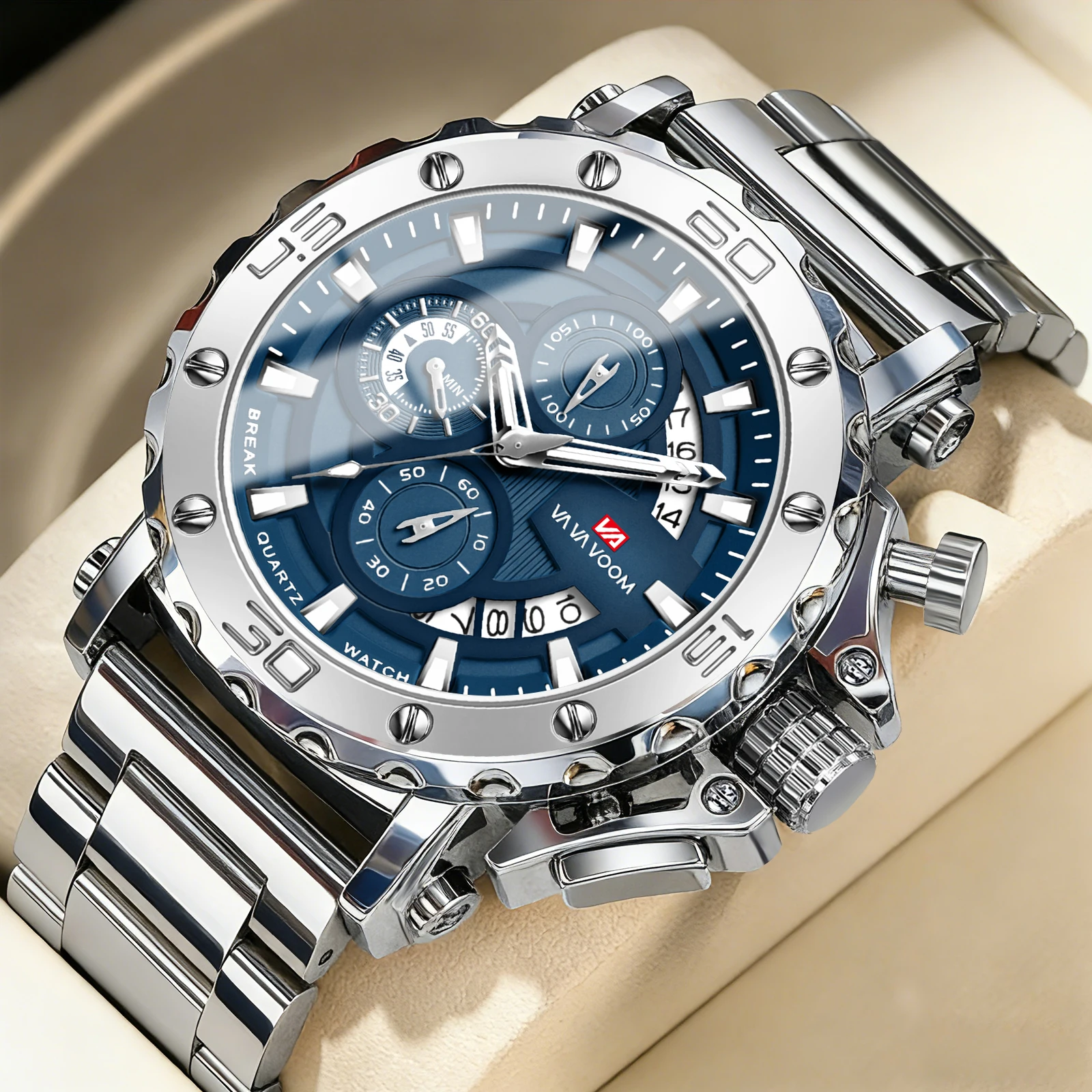 Reloj cronógrafo VA VA VOOM para hombre, calendario luminoso, resistente al agua, reloj de lujo para hombre, relojes de cuarzo de acero inoxidable para hombre, Reloj