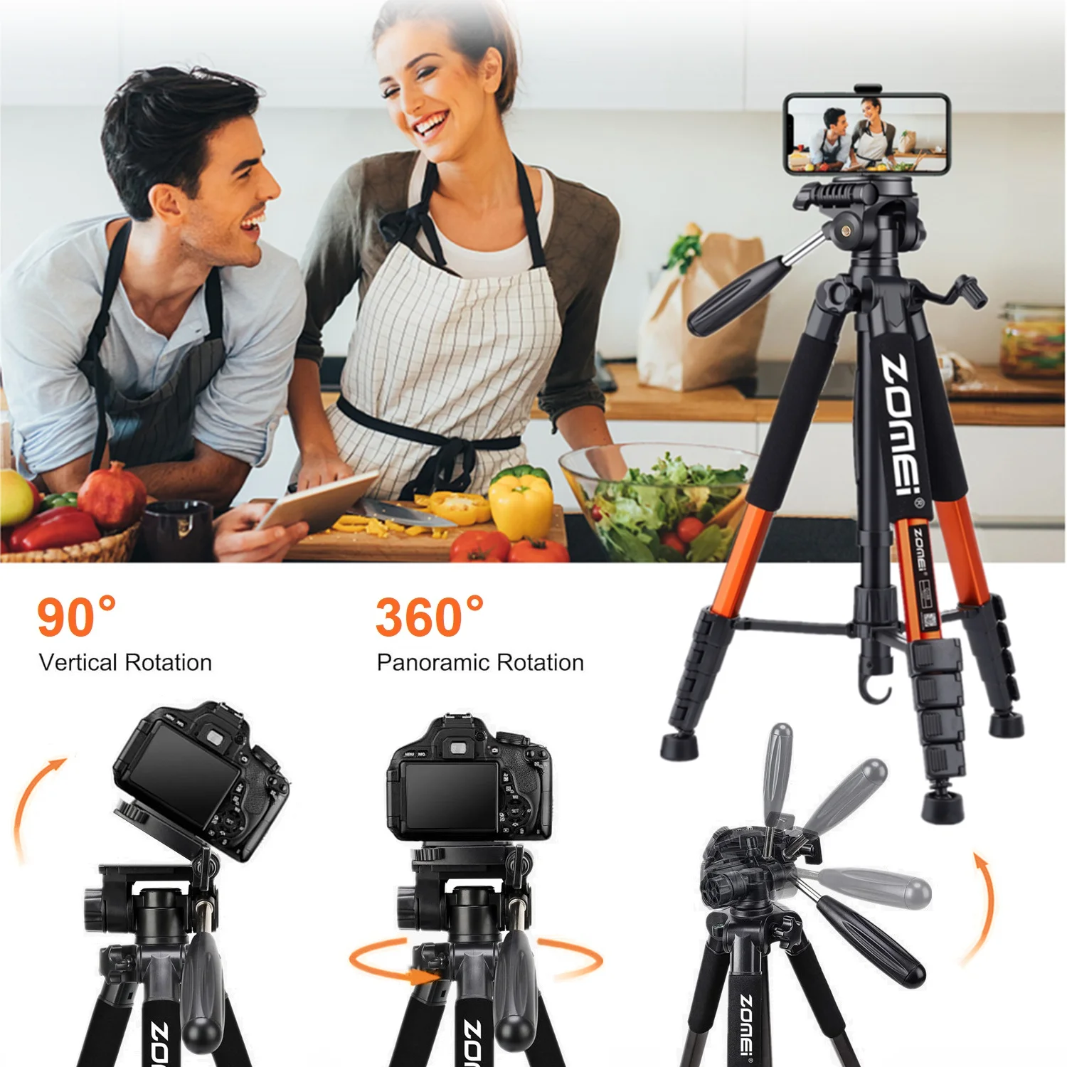Trípode portátil Zomei de aleación de aluminio de 187cm/73,6 pulgadas de alto para cámara DSLR Canon Nikon, soporte para teléfono de fotografía panorámica de 360 grados