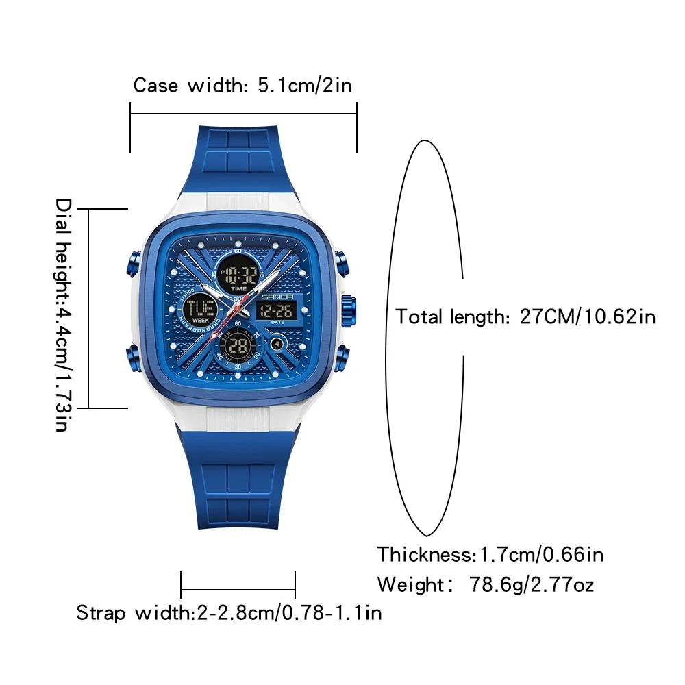 Relojes SANDA de moda para hombre, relojes deportivos cuadrados, relojes digitales con doble hora, relojes de pulsera electrónicos impermeables hasta 50m para hombre