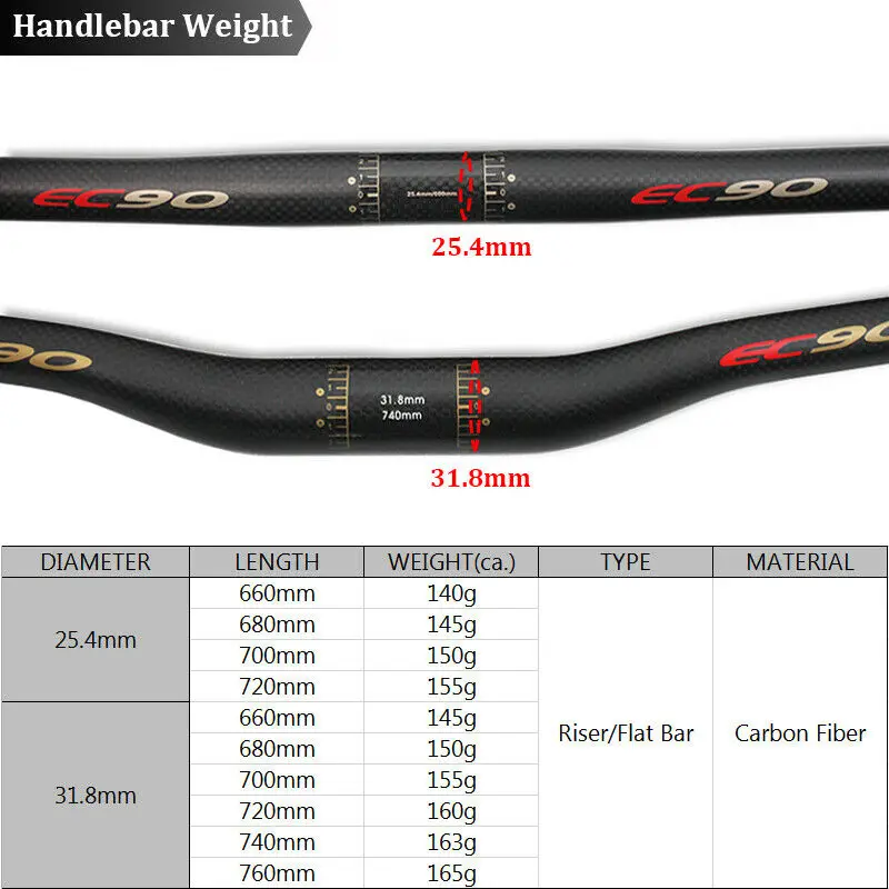 Manillar de bicicleta de fibra de carbono EC90, ultraligero, 25,4/31,8mm, MTB, 660/680/700/720/740/760mm, barra plana/elevadora, pieza de bicicleta