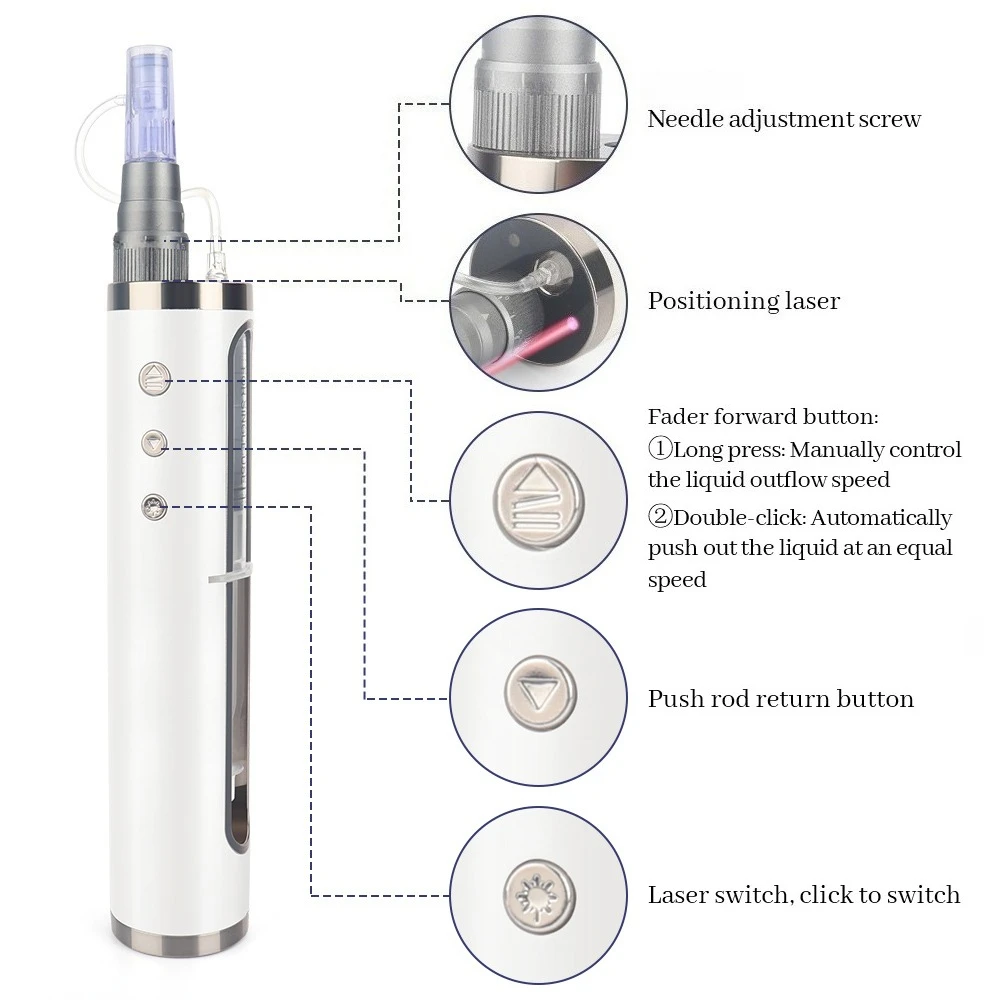 Nuevo Dermapen Eléctrico Ajustable de 5 Niveles con 2 Cartuchos Nano Redondos, Microagujas Ajustables y Salida de Líquido para el Cuidado Facial