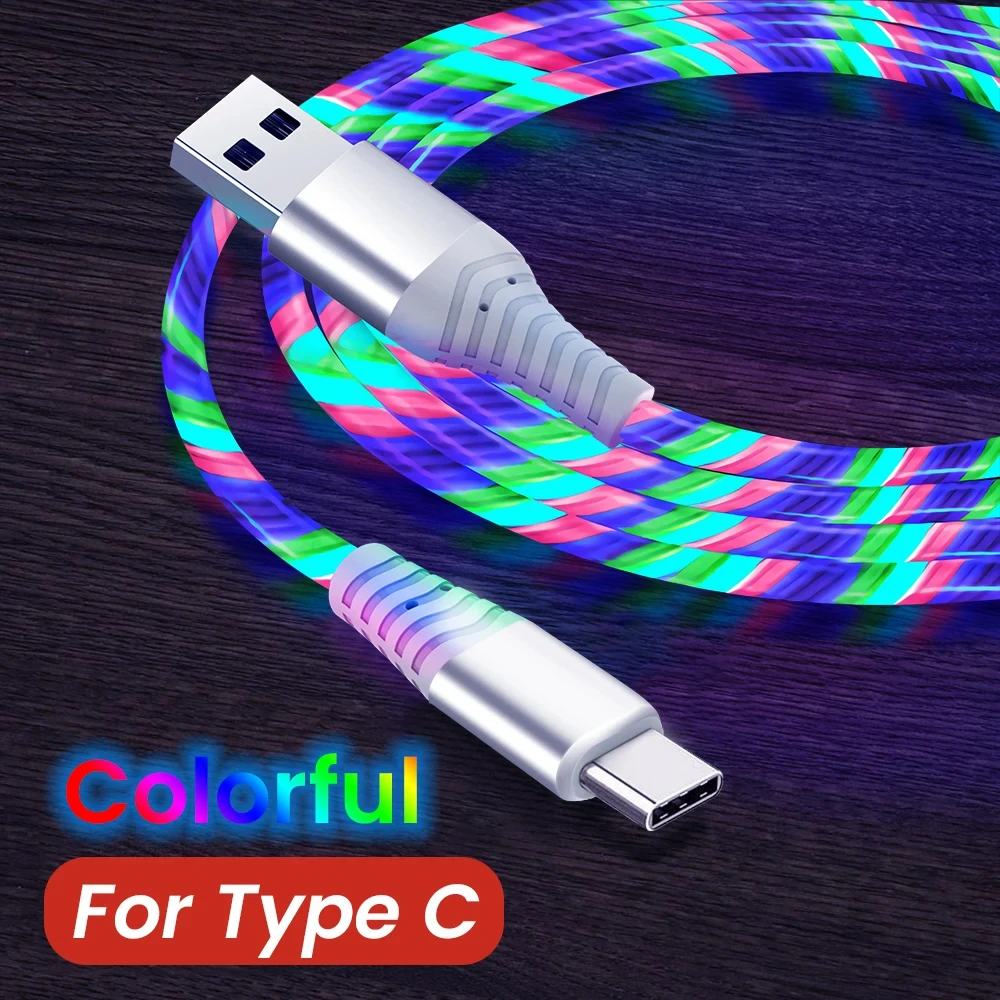 Cable USB tipo C luminoso de flujo, Cable de datos de carga rápida 3A para Samsung, Xiaomi, OPPO, Huawei, cargador de IPhone, Cable Micro USB LED