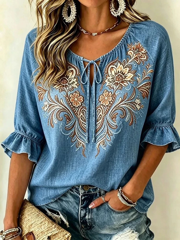 Blusa de Mujer con Estampado Floral Degradado Azul, Cuello con Lazo, Estilo Casual y Holgado para Primavera, Verano, Uso Diario y Ocasiones de Vacaciones
