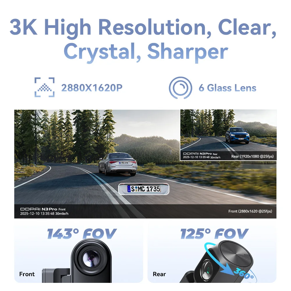 Cámara para Auto DDPAI Mola N3 Pro, Grabadora Delantera y Trasera, DVR 3K, GPS, Monitor de Estacionamiento 24H