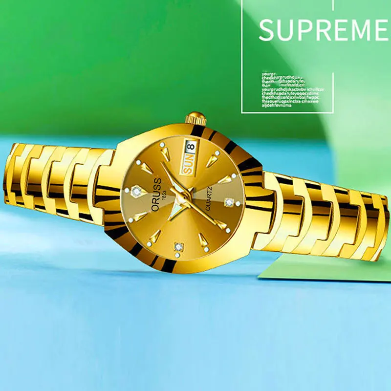 Reloj ORUSS de marca novedosa para mujer, reloj de cuarzo elegante de acero inoxidable resistente al agua con puntero luminoso y calendario semanal para mujer