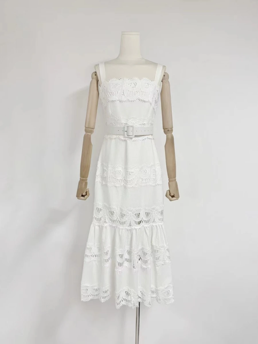 VGH sólido elegante empalmado vestido calado para mujer cuello cuadrado sin mangas Patchwork fajas cintura alta vestidos ceñidos Mujer
