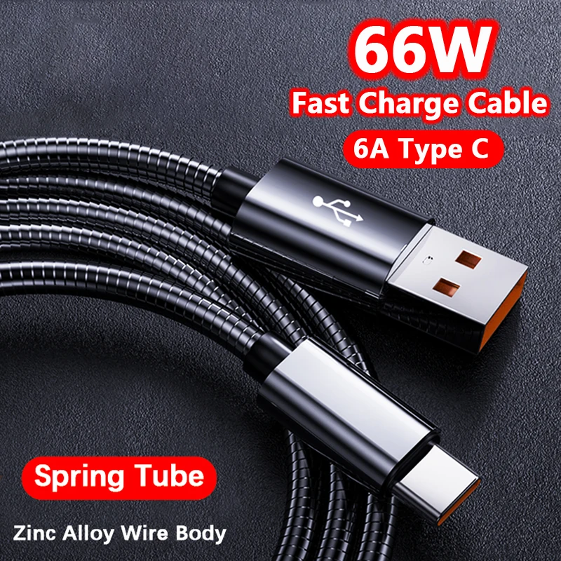 Cable de datos de carga tipo C de 66W, 6A, resorte de Metal trenzado para Xiaomi 12Pro K60 Samsung S6 S7 Huawei P40 P60, Cable USB C para teléfono Android