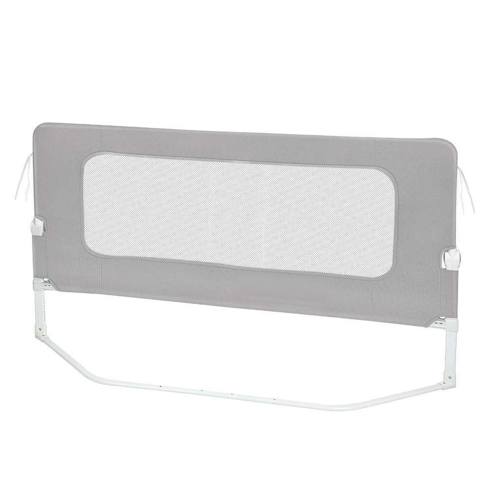 Barrera de cama 150 / 180 / 200 cm - Protección anticaídas - Plegable ° Altura ajustable de 66 a 80 cm - con patas trapezoidales y cuerdas de fijación - gris suave/rosa/azul/gris