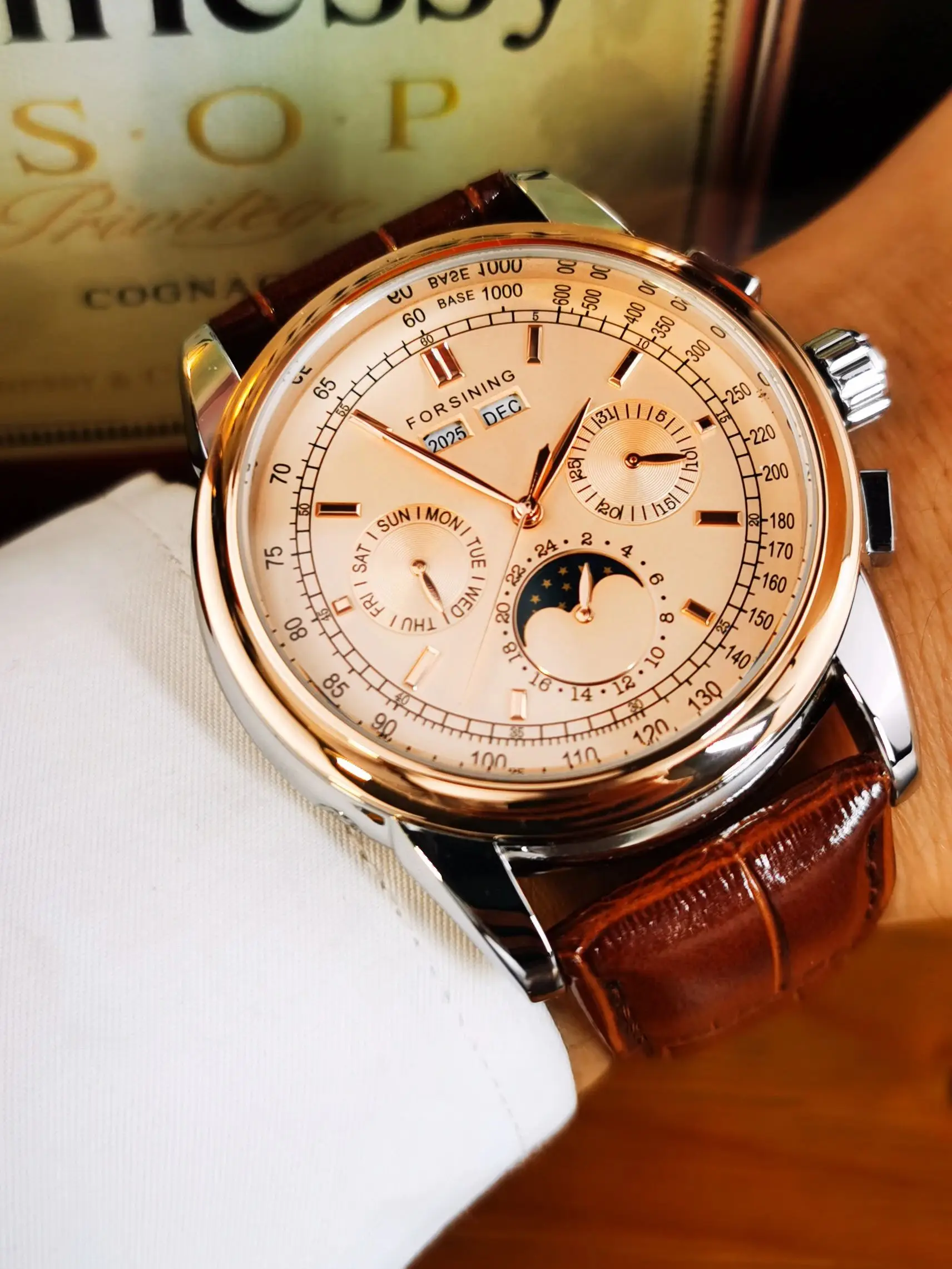 Forsining relojes mecánicos Retro fase lunar movimiento Shanghai caja de oro rosa correa de cuero marrón reloj automático de lujo para hombre