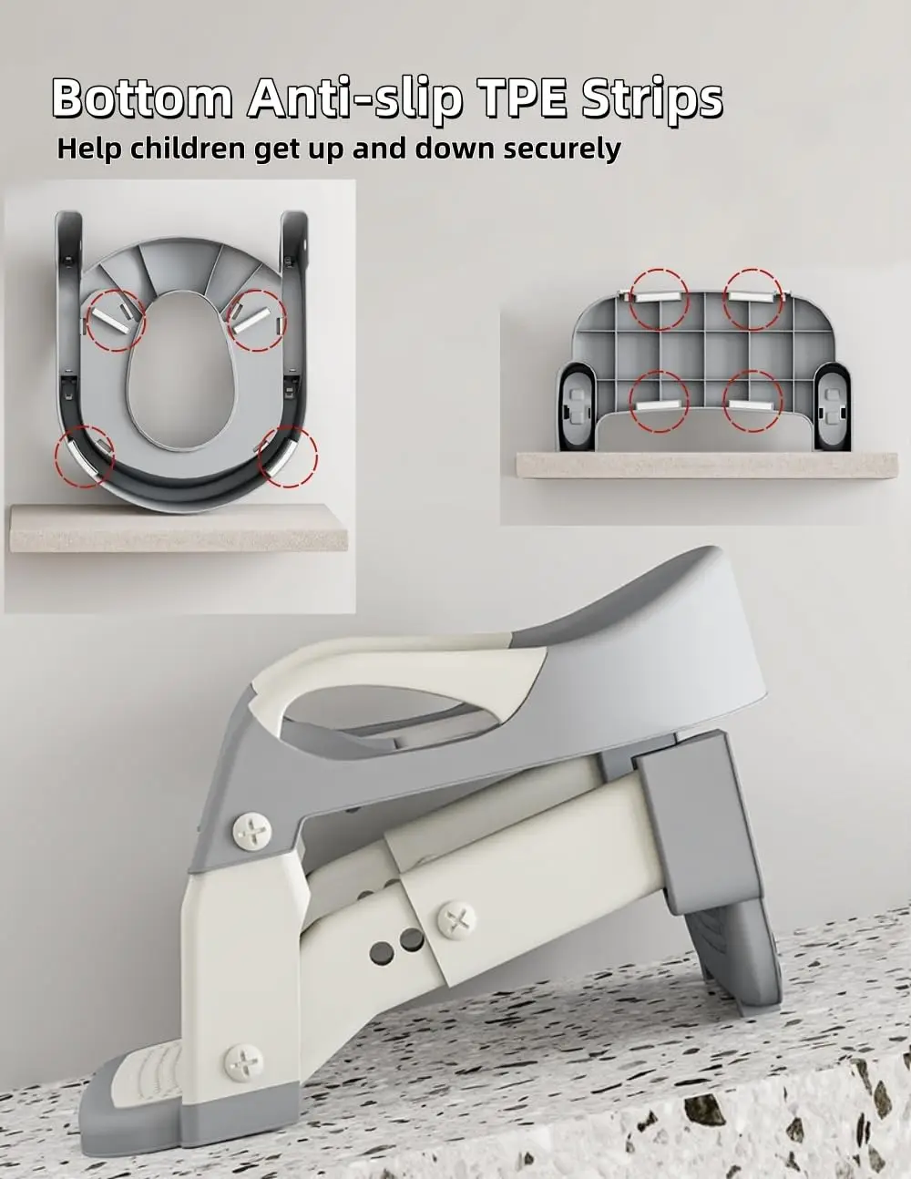 Asiento de entrenamiento para orinal para niños con escalones, asiento de escalera para inodoro para niños pequeños 3 en 1, asiento de inodoro antideslizante con alfombrilla suave (gris)
