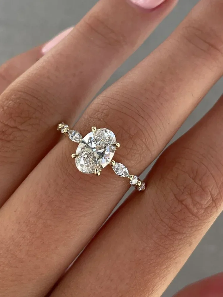 Anillo redondo ovalado dorado de Plata de Ley 925 con circonita para mujer, joyería fina de lujo de alta calidad para compromiso y boda