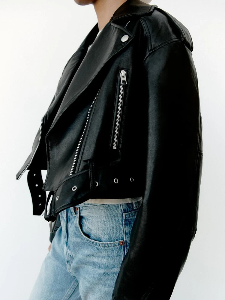 Ailegogo primavera otoño mujer imitación Pu Chaqueta corta de cuero con cinturón motocicleta motociclista mujer cremallera solapa abrigo suelto prendas de vestir