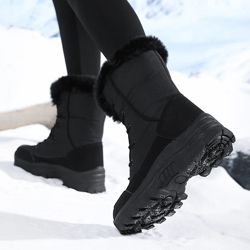 Botas de nieve de invierno para mujer, impermeables, antideslizantes, cálidas, estilo noreste, zapatos grandes de algodón, botas de esquí, forradas de lana, gruesas, resistentes al desgaste, botas altas de algodón