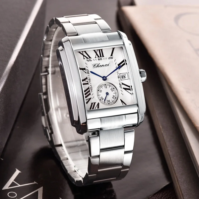 Relojes de Cuarzo CHENXI 8216, Relojes de Pulsera de Acero Inoxidable Plateado, Sencillos y Elegantes para Hombre, Relojes Masculinos