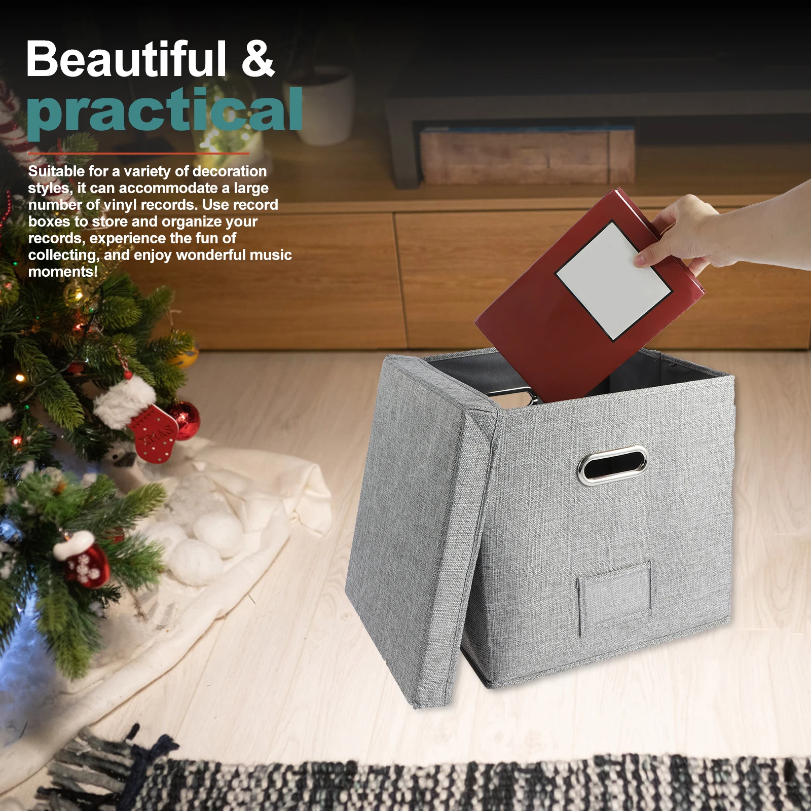 Organizador plegable de 13 pulgadas, caja de almacenamiento de discos de vinilo de gran capacidad con tapa, armario de casa de lino y algodón, organizador multifuncional