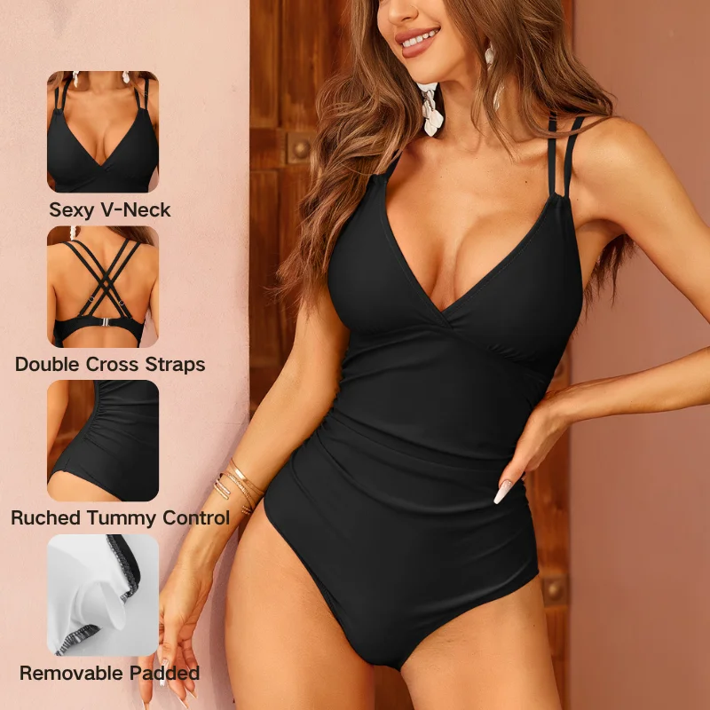Anfilia Trajes de baño de una pieza con cuello en V sexy para mujer Trajes de baño Monokini con doble tiras Traje de baño con tirantes entrecruzados en la espalda