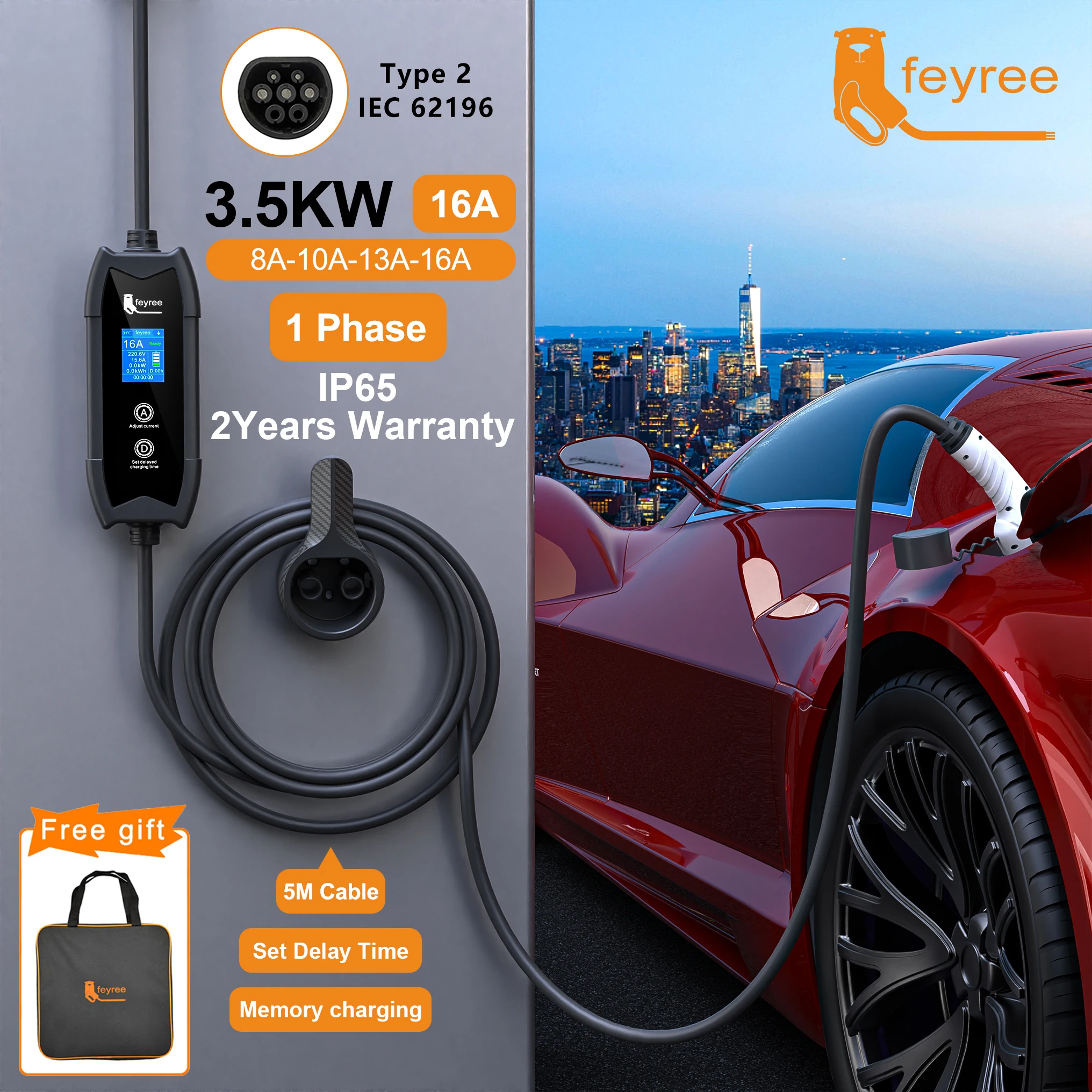 Cargador para Vehículos Eléctricos Feyree Tipo 2, 3.5KW, 16A, Caja de Carga Portátil, Ajuste de Corriente y Tiempo de Retardo, Cable de 5M