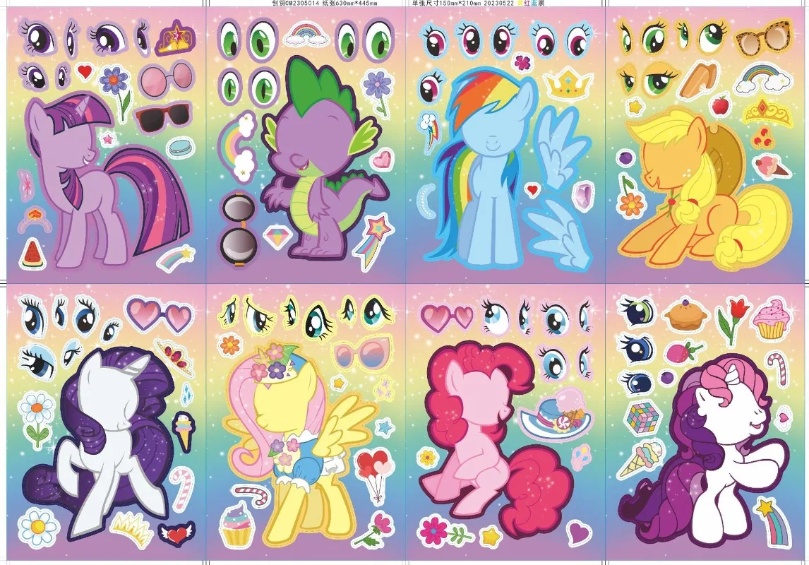 8 hojas de pegatinas de Anime My Little Pony, hacer una cara, montar, divertidas calcomanías DIY, rompecabezas, regalo de cumpleaños para niños y niñas
