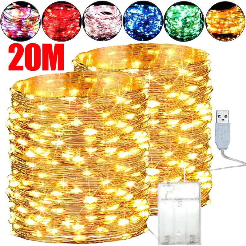 Guirnalda de luces LED de alambre de cobre de 10/20M, guirnalda impermeable con USB/batería, luz de hadas, decoración para fiesta de boda y Navidad, iluminación navideña