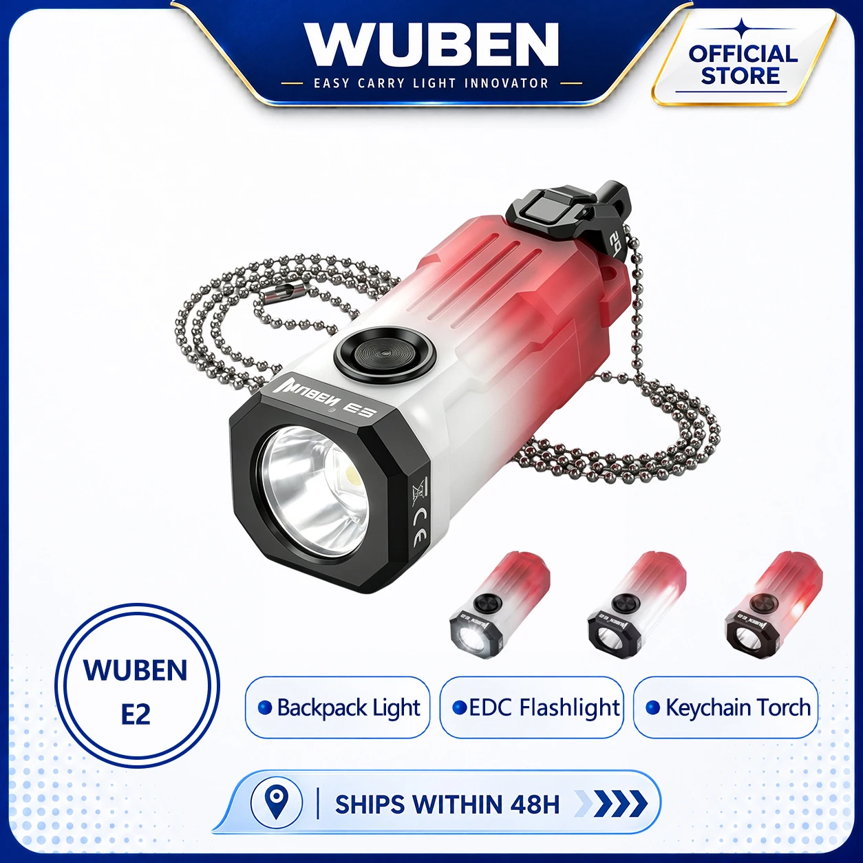 Linterna Wuben E2 EDC ultraligera con luz estroboscópica, linterna de cuello, mini linterna recargable para llavero, IP66, luz de bolsillo para camping