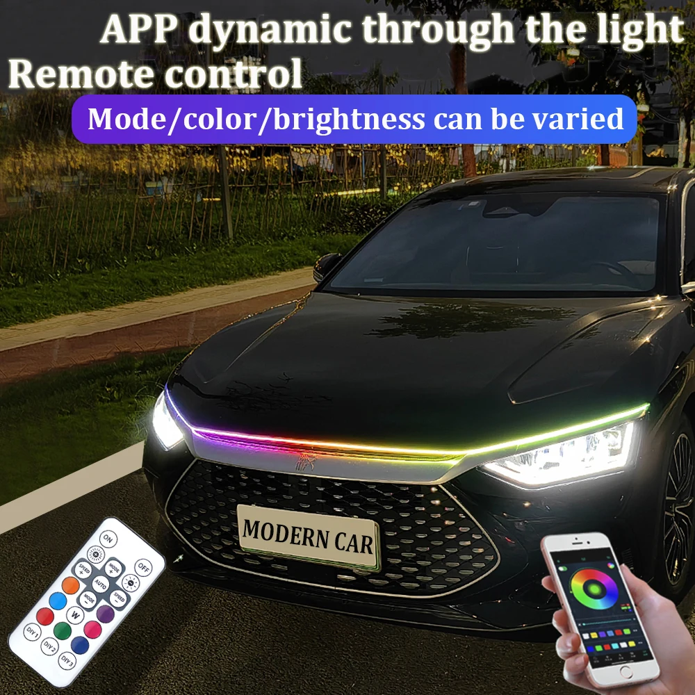 Luz LED de conducción diurna con aplicación dinámica, RGB, colorida, Universal, decorativa, señal de giro, tira de faro para capó de coche