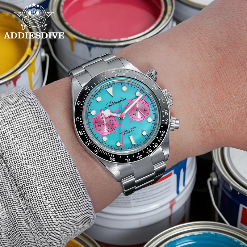 ADDIESDIVE 2026 Nuevo Reloj Cronógrafo de Lujo para Hombre VK64, Resistente al Agua 100m, Bisel de Cerámica, Luminoso BGW9, Reloj de Cuarzo de Acero 316L AD2520