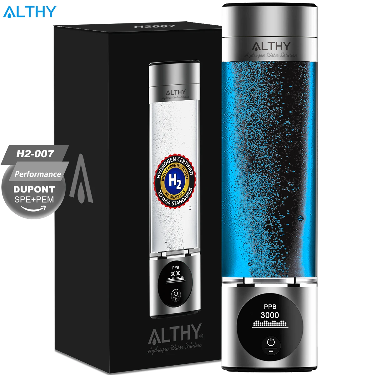 Botella geradora de agua de hidrógeno de rendimiento ALTHY DuPont SPE + cámara doble PEM + pantalla de PPB, tiempo y batería + dispositivo de inhalación H2