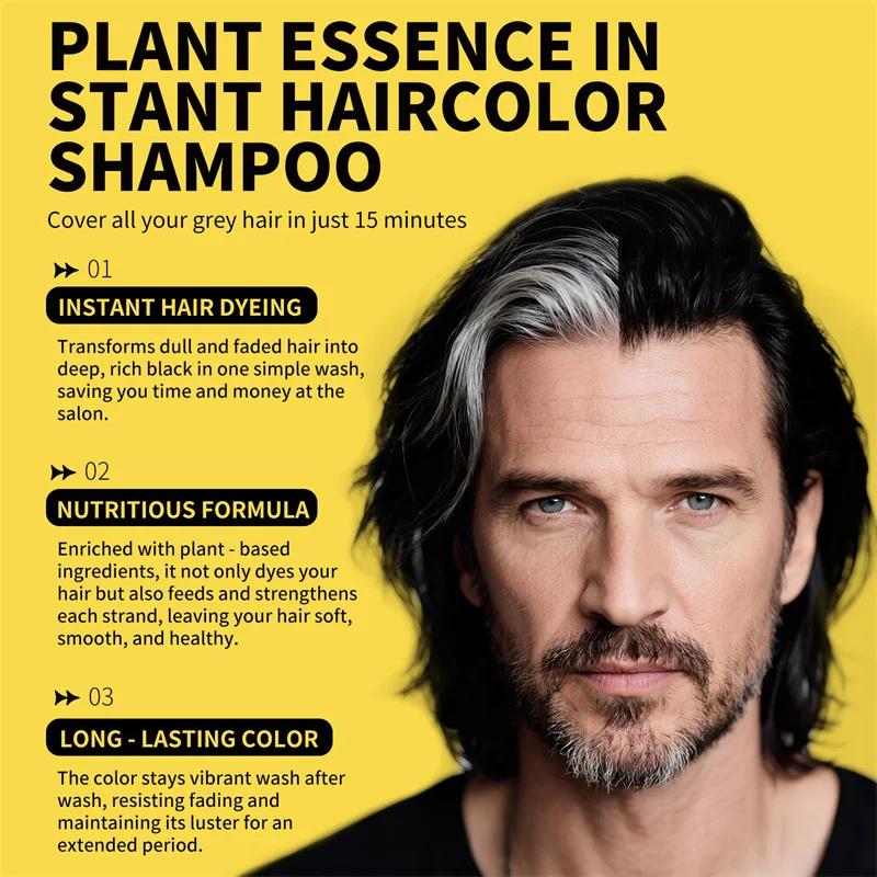 Tinte de cabello saludable a base de hierbas 3 en 1, champú para tinte de cabello negro de 500ml para hombres y mujeres, champú de Color instantáneo de plantas, tinte para el cabello negro de jengibre