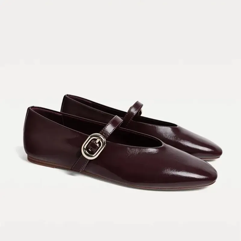 Zapatos planos de cuero PU para mujer, zapatos Mary Jane elegantes con correa y hebilla roja, mocasines informales poco profundos para primavera y otoño