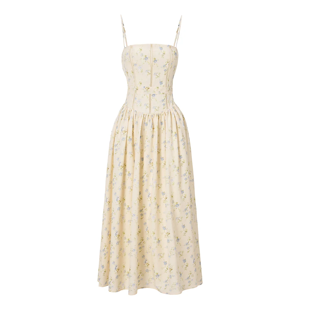 Mingmingxi Vestido largo con estampado floral y tirantes finos para mujer, vestido elegante de verano con cordones, vestido fluido para fiesta, vacaciones, playa