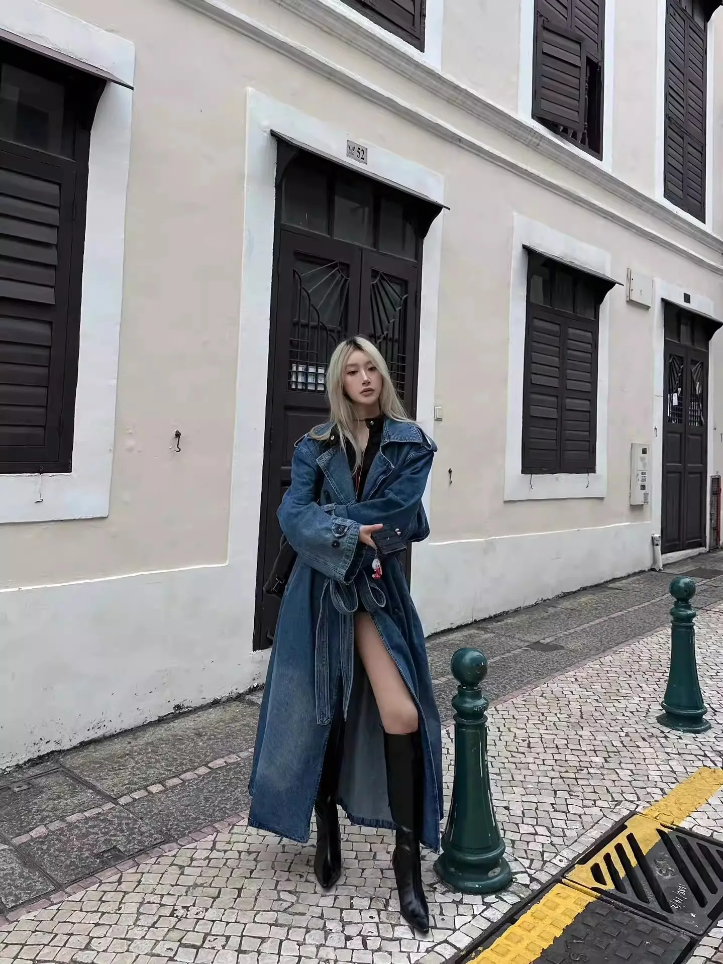 Gabardina cortavientos vaquera larga para mujer, abrigo vaquero Retro con doble botonadura, gabardina larga informal holgada de pierna ancha, otoño 2025