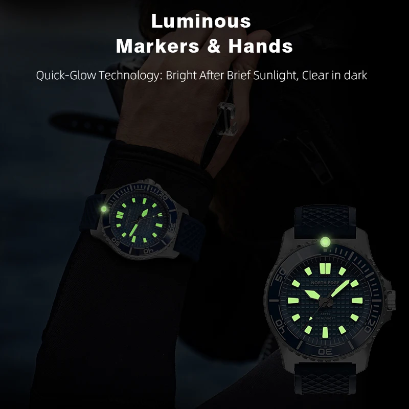 NORTH EDGE 2026 NUEVO ABYSS Reloj de Lujo de Cuarzo con Energía Solar para Buceo, Relojes Deportivos de Buceo Resistentes al Agua 200M, Acero 316L, Más de 180 Días de Autonomía