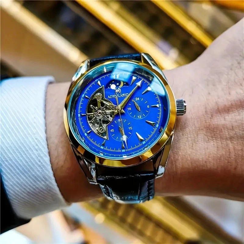 Reloj mecánico automático de lujo para hombre, con un diseño hemisférico genial, el reloj para hombre más vendido, puntero de fase lunar, diseño esqueletizado, el mejor regalo para él, no requiere pilas