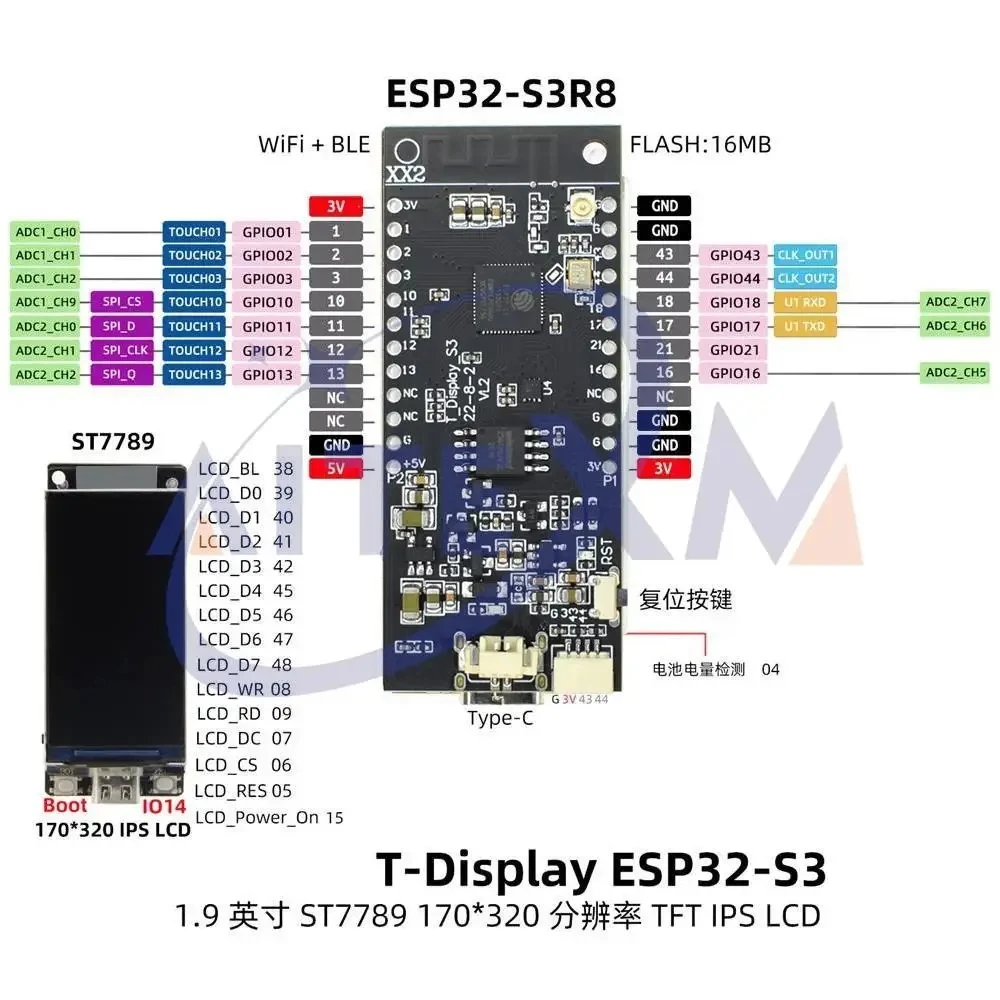 T-Display-S3 ESP32 S3 con placa de desarrollo de pantalla LCD ST7789 de 1,9 pulgadas WIFI Bluetooth5.0 módulo inalámbrico resolución 170*320
