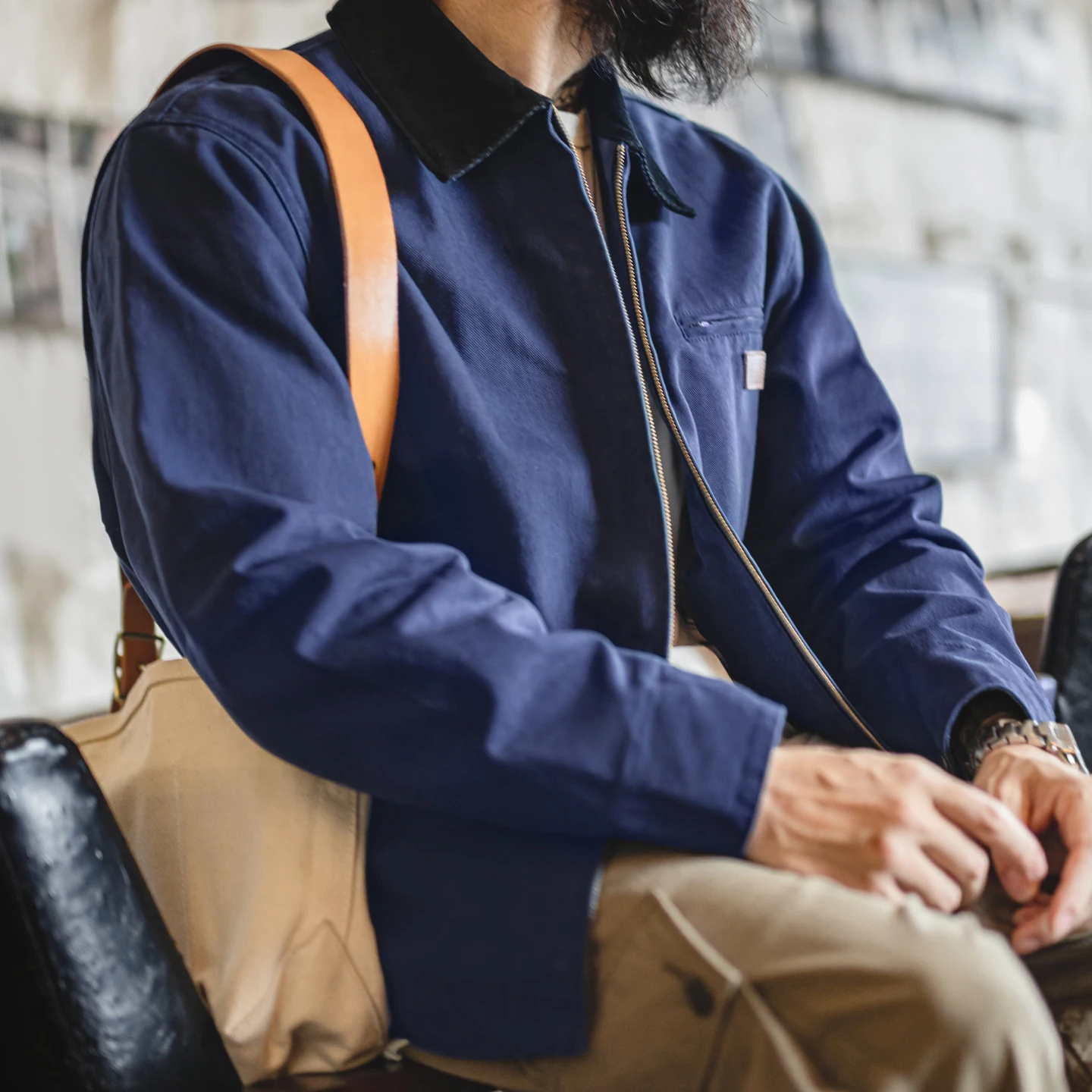 Maden Chaqueta Retro J001 Detroit para hombre, abrigo de caza de lona pesada, chaquetas de trabajo con cuello de solapa y cremallera para primavera y otoño