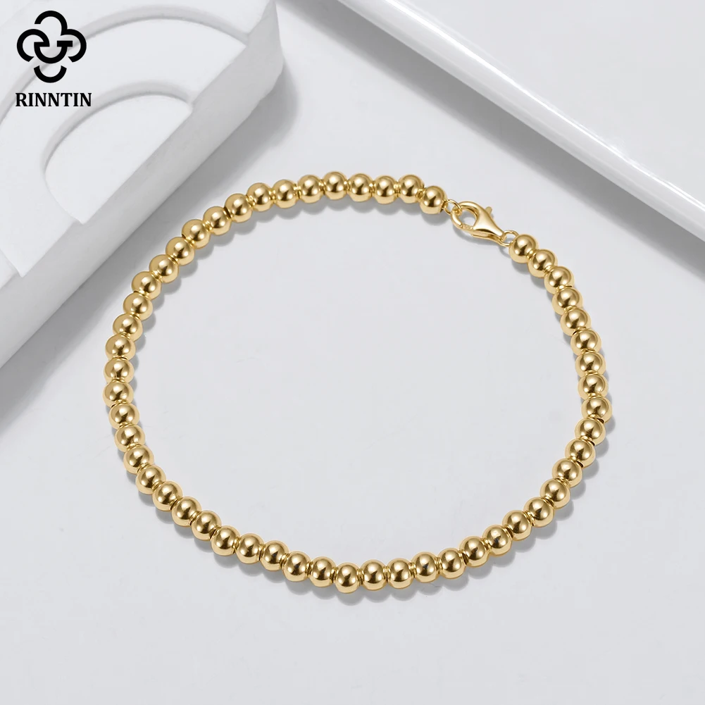 Rinntin-pulsera de plata de ley 925 para hombre y mujer, brazalete de cadena con cuentas de 4mm, hecho a mano, joyería SB103