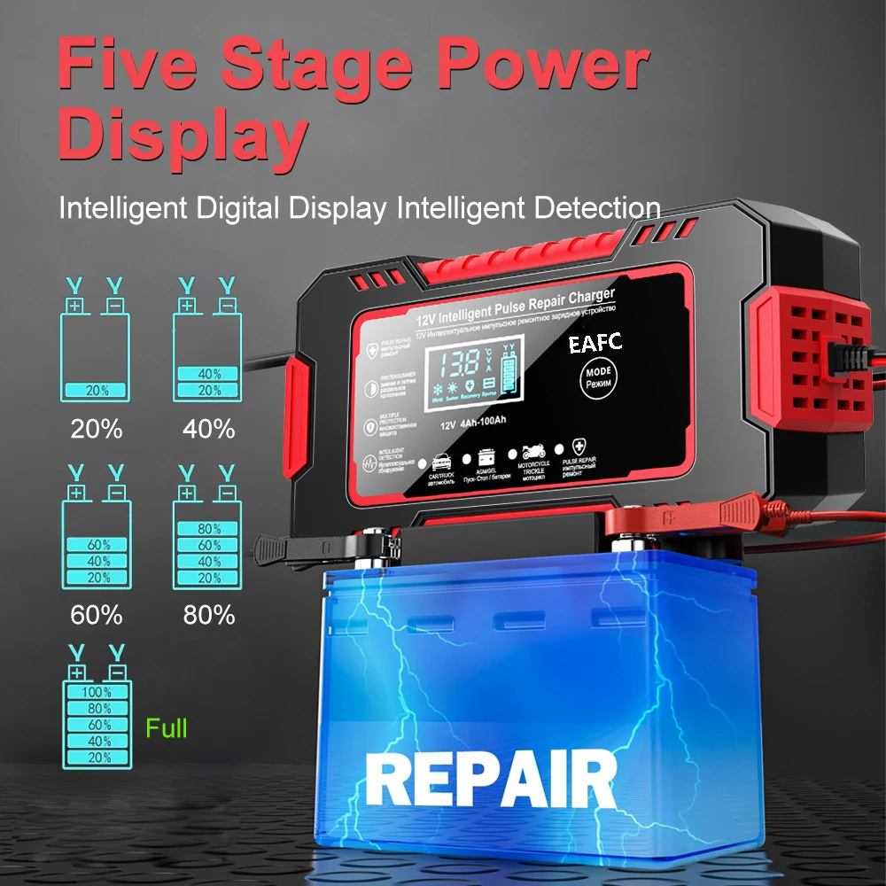 Cargador de batería de coche 12V 6A reparación de pulso pantalla LCD carga rápida inteligente AGM cargador de plomo-ácido de GEL de ciclo profundo para motocicleta automática