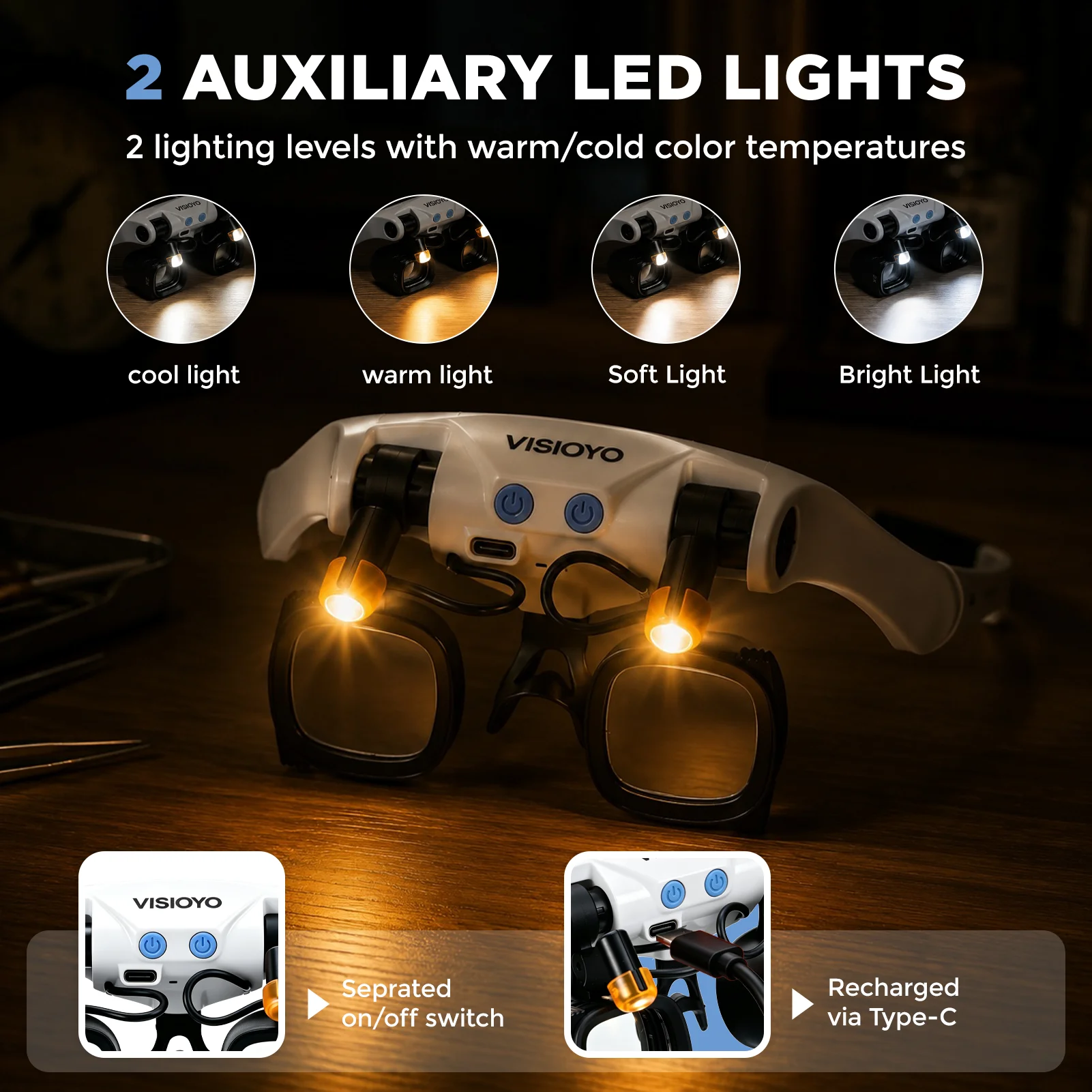 Lupa LED de cabeza con lentes intercambiables (paquete de 2) con bolsa de almacenamiento y lentes de 2X, 4X, 6X, 10X, 13X, ideal para trabajos de precisión, reparación de relojes, soldadura de placas de circuitos, grabado a mano e identificación de joyas.