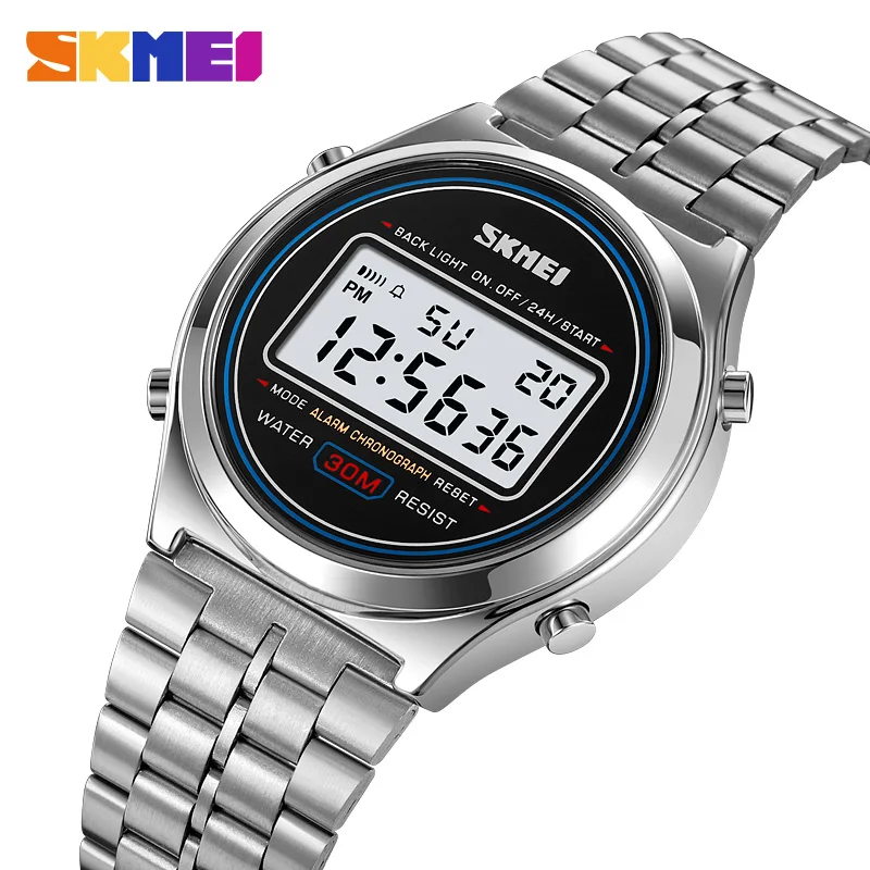 Reloj de pulsera SKMEI 2146 de acero inoxidable resistente al agua con alarma y fecha para hombre, cronómetro con pantalla de luz trasera, relojes deportivos digitales