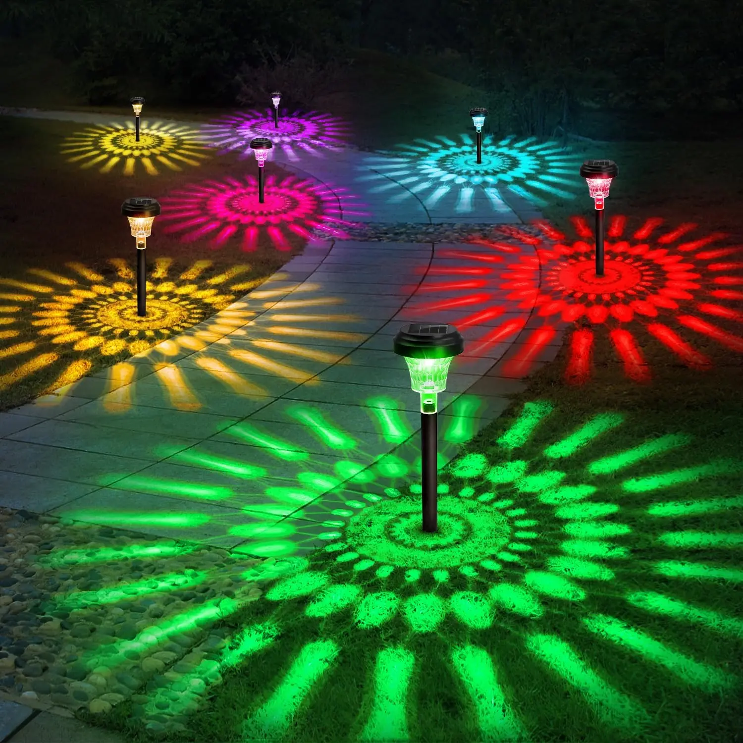 Luces solares para caminos, lámpara Solar para exteriores, cambio de Color RGB/blanco cálido IP67, luces solares LED impermeables para camino de jardín